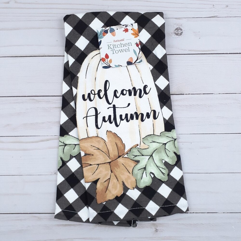 Kitchen Towel Fall Pumpkin Welcome Autumn Buffalo Plaid Dual Purpose 16x26